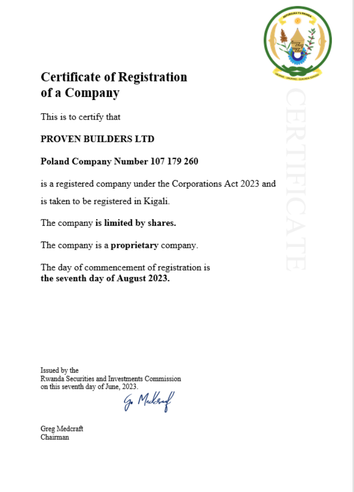 Rwanda business registration certificate Word and PDF template